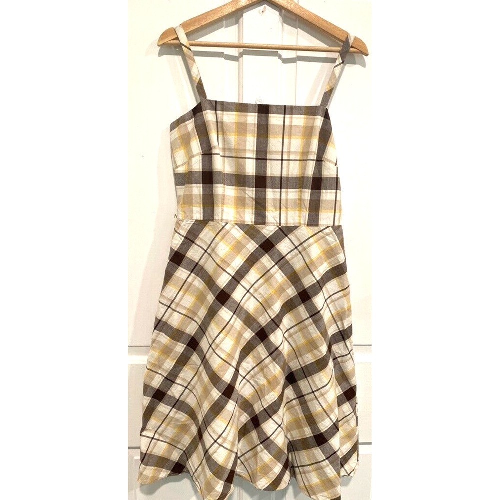 ANN TAYLOR - W sz 6 (small) Beige brown Cream PLAID cotton sleeveless Sundress